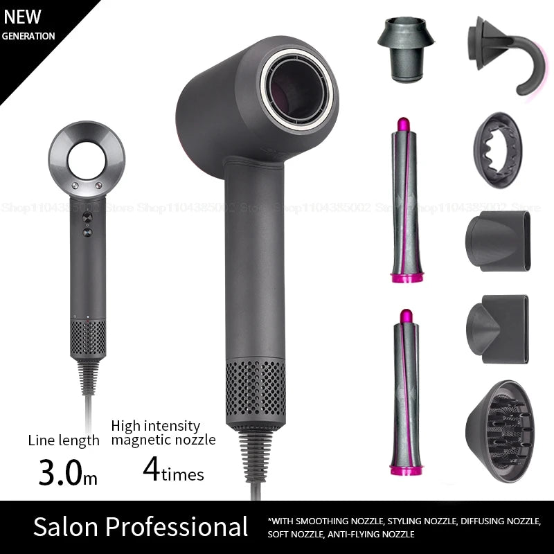Grey leafless negative ion hair dryer with 3.0m cord, magnetic nozzles, and flyaway attachment for salon styling.