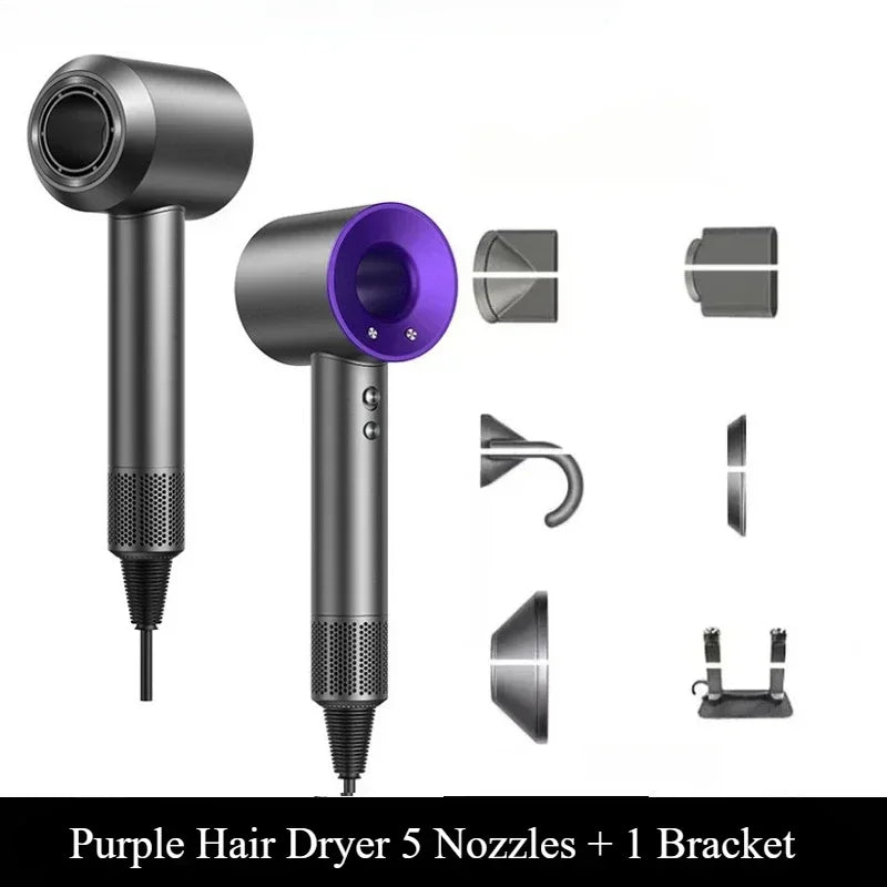 Grey and purple ionic hair dryer with 5 styling nozzles and wall bracket for professional blowouts.