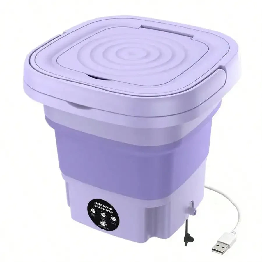 Portable washing machine, purple folding mini laundry bucket with USB power cable for small loads and travel.