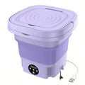 Portable washing machine, purple folding mini laundry bucket with USB power cable for small loads and travel.
