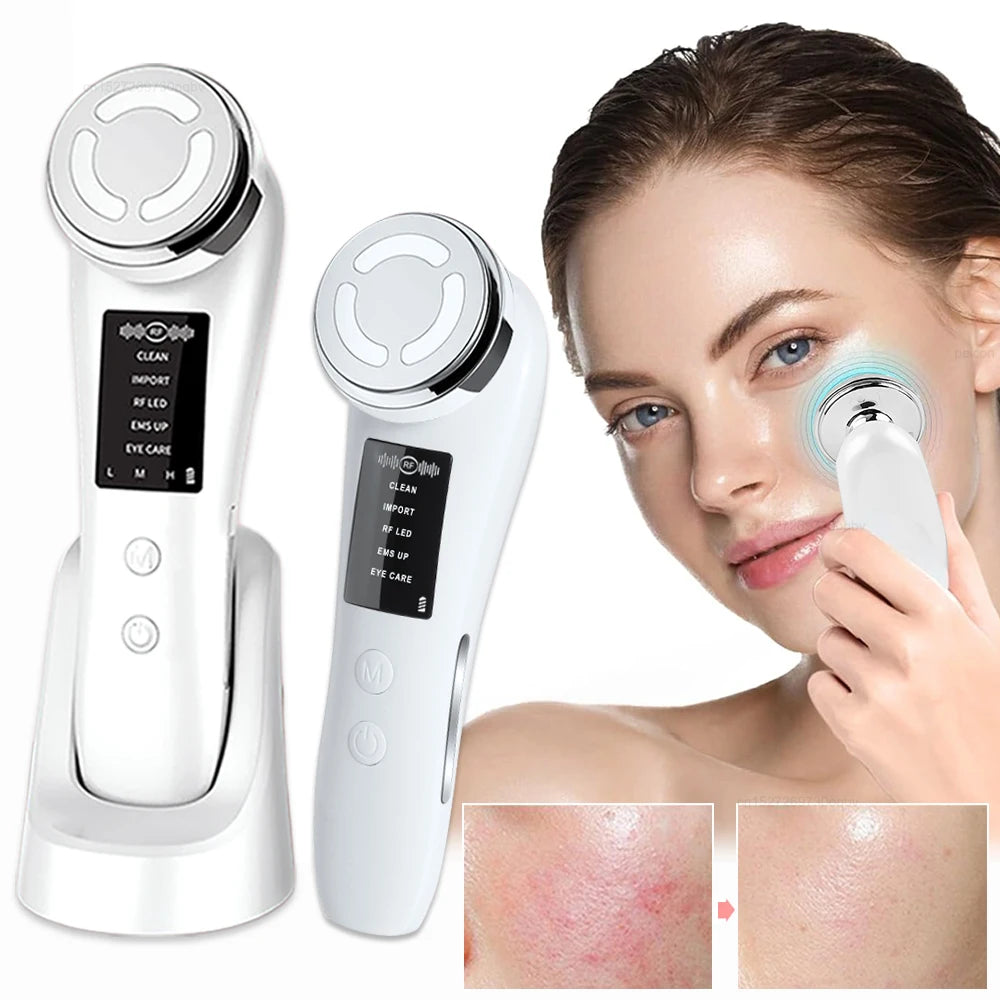 White RF and EMS facial massager with digital display, charging base, and a woman demonstrating it on her cheek.
