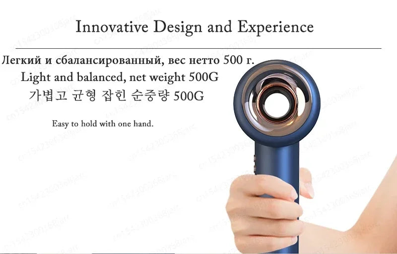 Blue 1600W leafless negative ion hair dryer, lightweight 500g ergonomic design for easy one-handed styling.