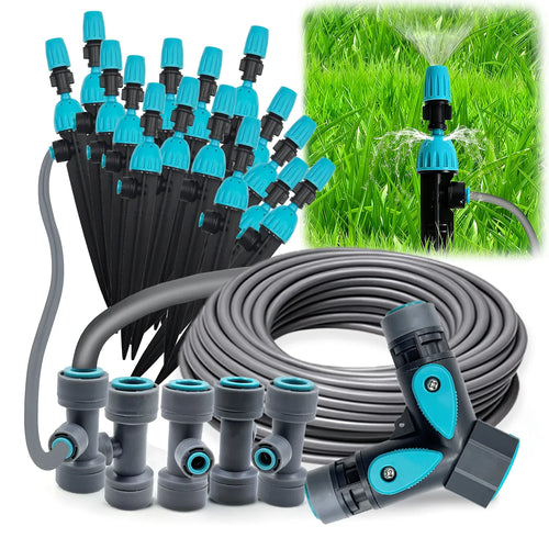 12mm PE misting sprinkler hose set with teal quick-connect fittings and mist nozzles
