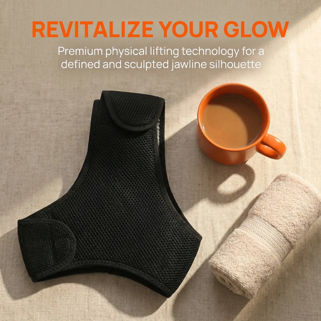 Black mesh TMJ heating wrap, next to an orange mug of coffee and a rolled-up cream towel on a textured surface.