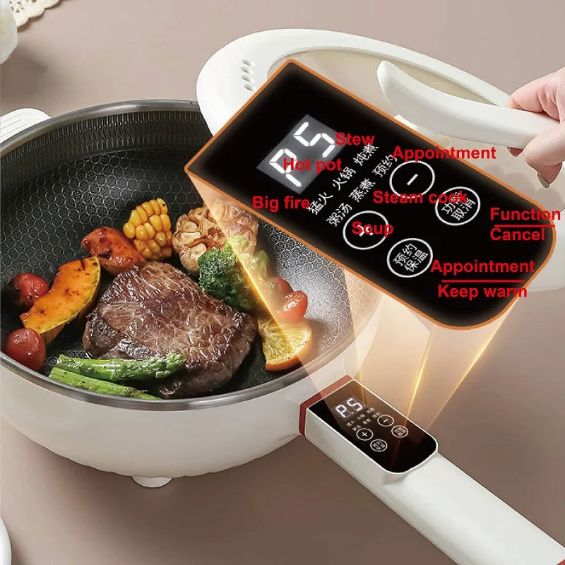 Electric cooking pot with control panel and food in pot, ready for steaming and stew