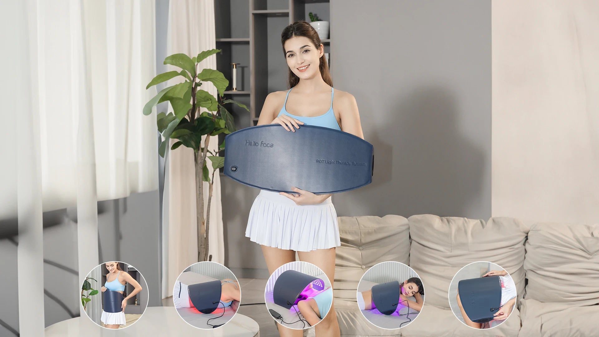 Woman holding a flexible, dark grey fabric LED light therapy panel with red and near-infrared lights for body care.