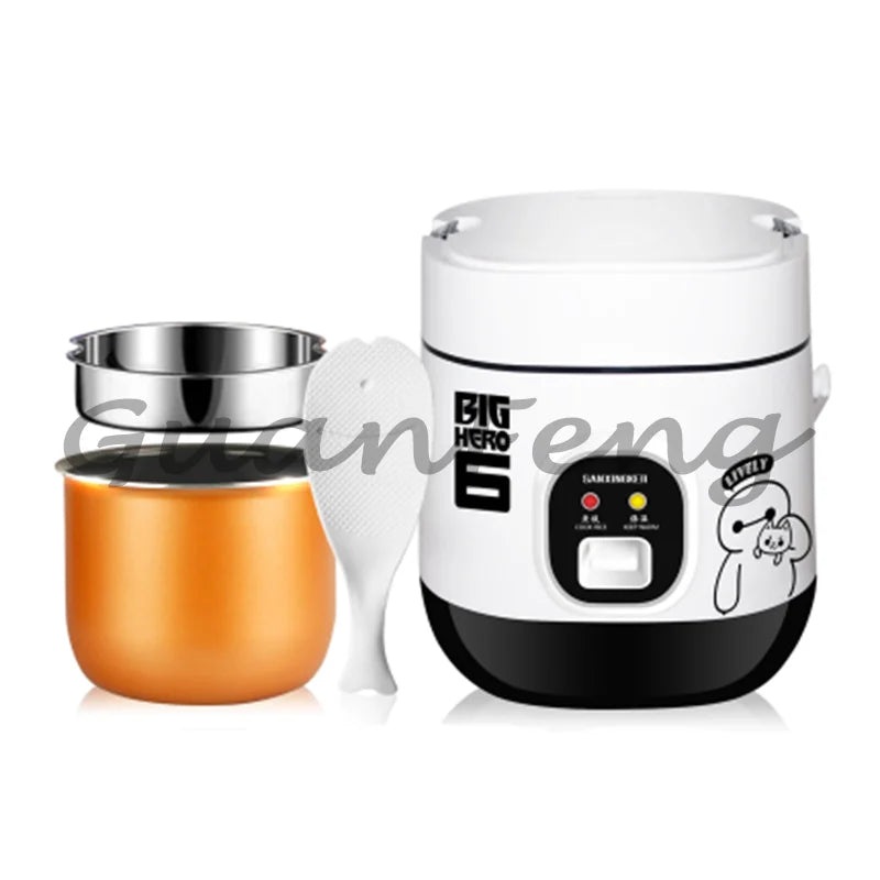 Portable 1.2L mini rice cooker with inner pot, metal steamer insert, and white outer body