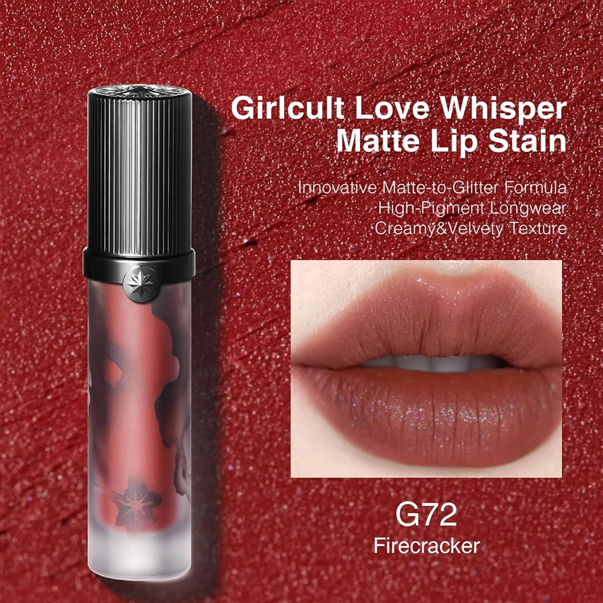Girlcult Love Whisper G72 Firecracker matte lip stain in a velvety, lightweight formula with soft-focus glitter finish.