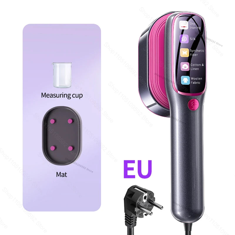 Purple handheld garment steamer with EU plug, measuring cup and mat included