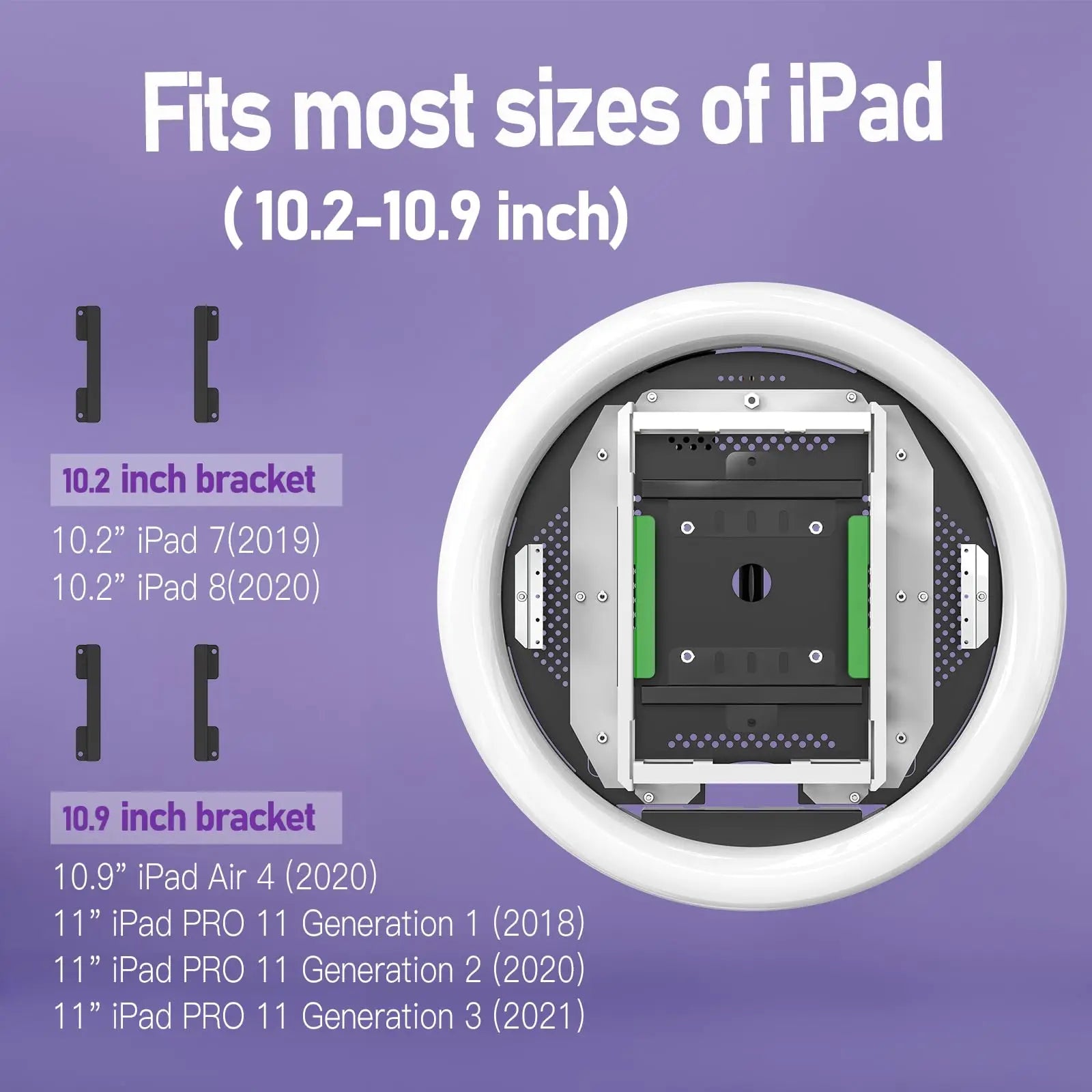 Round white metal tablet wall mount with two interchangeable black bracket sizes for 10.2 to 10.9-inch iPads.