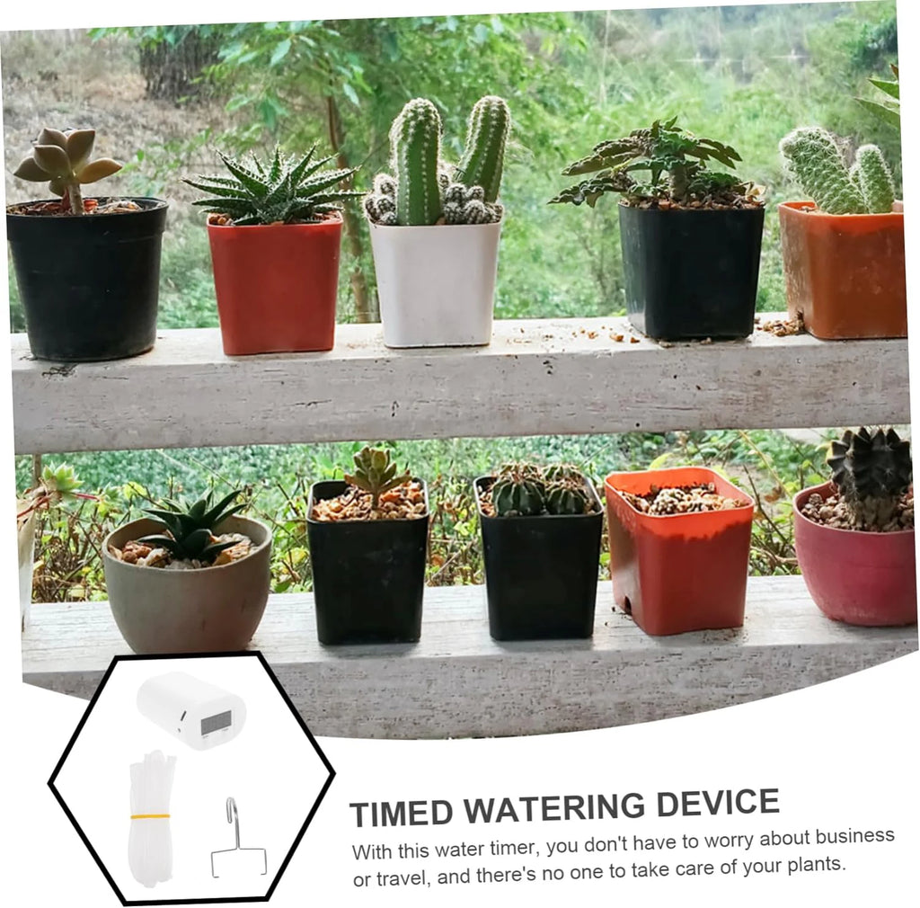 Timed drip irrigation device for potted plants, shown with multiple planters and drippers.