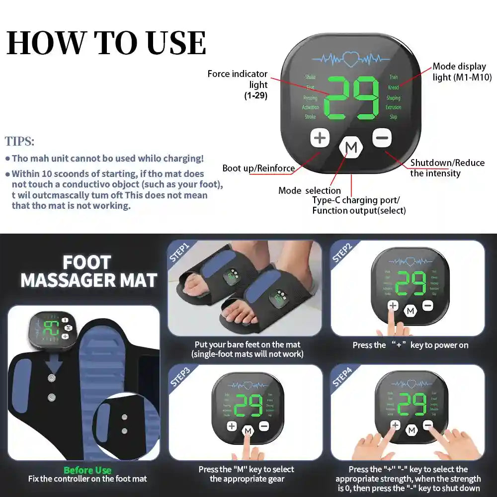 EMS foot massager mat with digital controller, featuring mode selection and intensity levels for muscle stimulation.