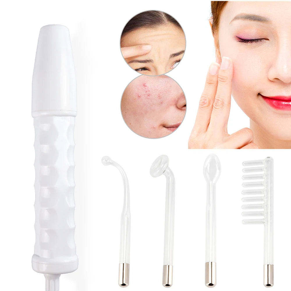 White high-frequency facial wand with four interchangeable glass electrode attachments and a woman showing skin results.