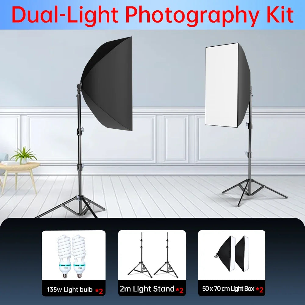 Dual softbox photography kit with 135W bulbs and two stands