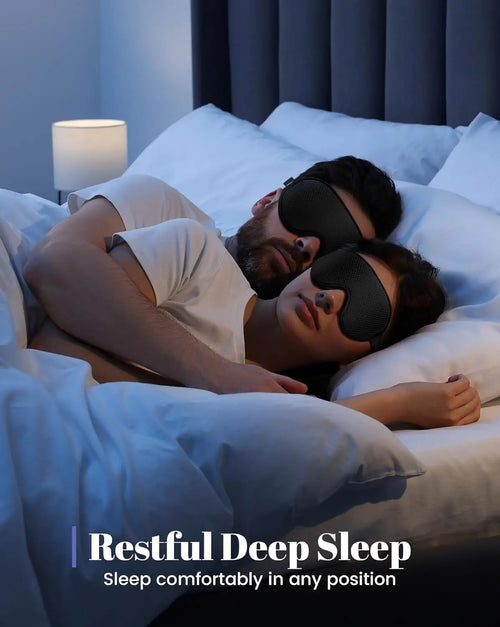 Blackout sleep mask, 3D breathable adjustable eye mask for weighted sleep masks, side angle view of couple sleeping.