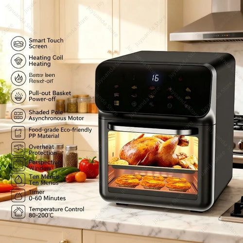 Black countertop air fryer with front viewing window and smart touch control panel