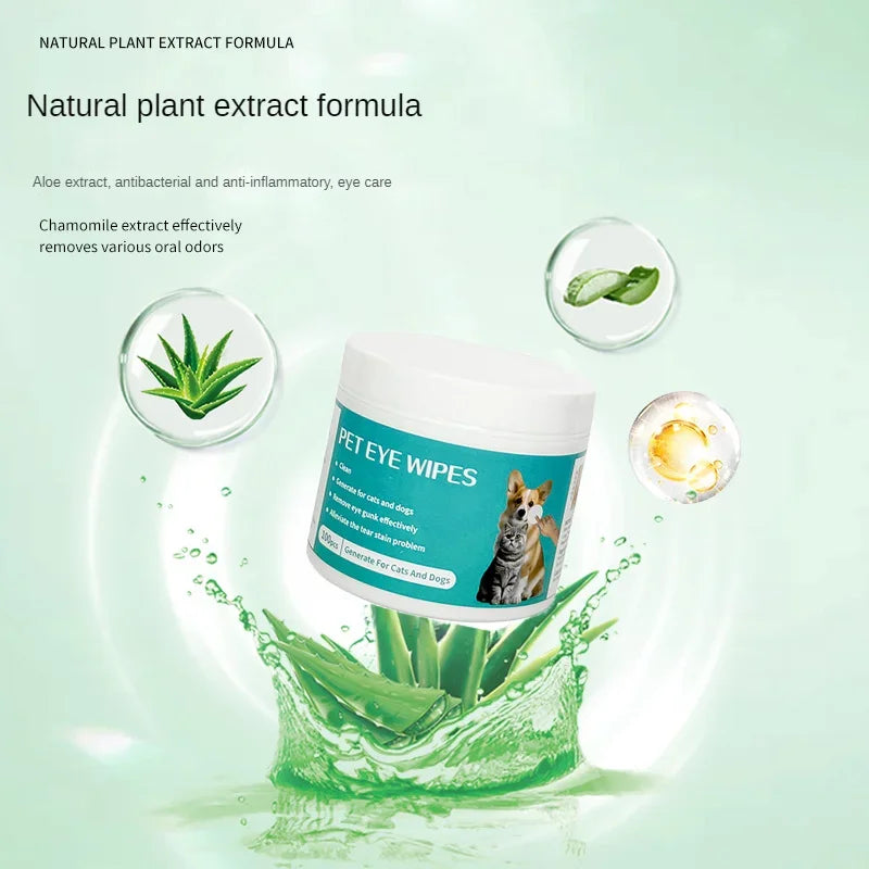 Natural plant pet eye wipes for cats and dogs. Gentle aloe & chamomile formula to remove tear stains and clean eye gunk.