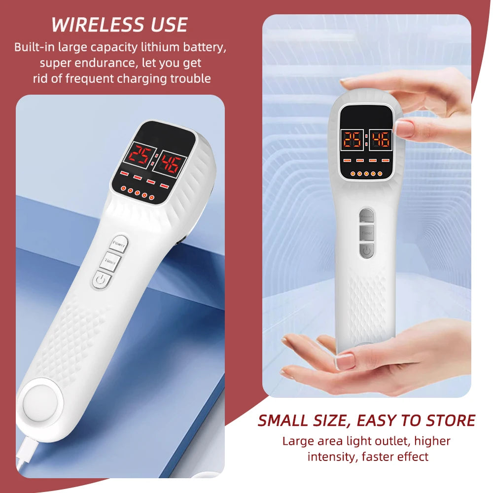 Handheld white infrared red light beauty device with digital display, buttons, and rechargeable battery features.