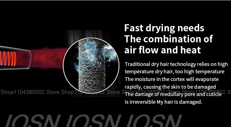 Fast-drying leafless hair dryer with negative ion technology for heat protection and healthy, smooth hair styling.