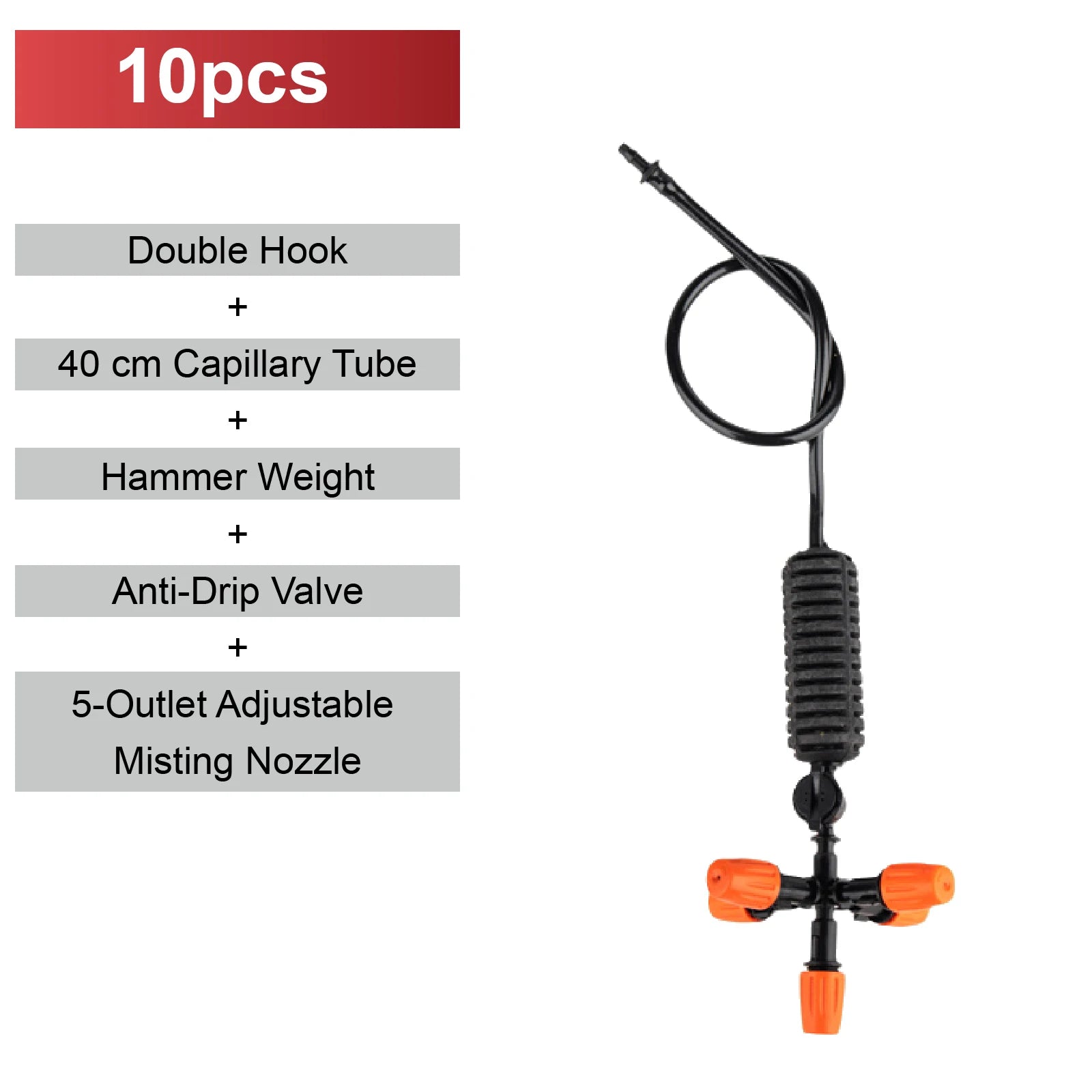 Misting nozzle kit with hook, capillary tube, weight, and 5-outlet adjustable nozzle
