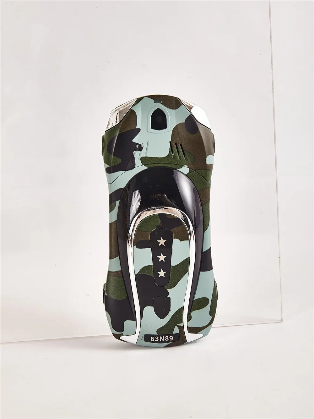Unlocked Bluetooth dialer phone, camouflage front with yellow star label, front view