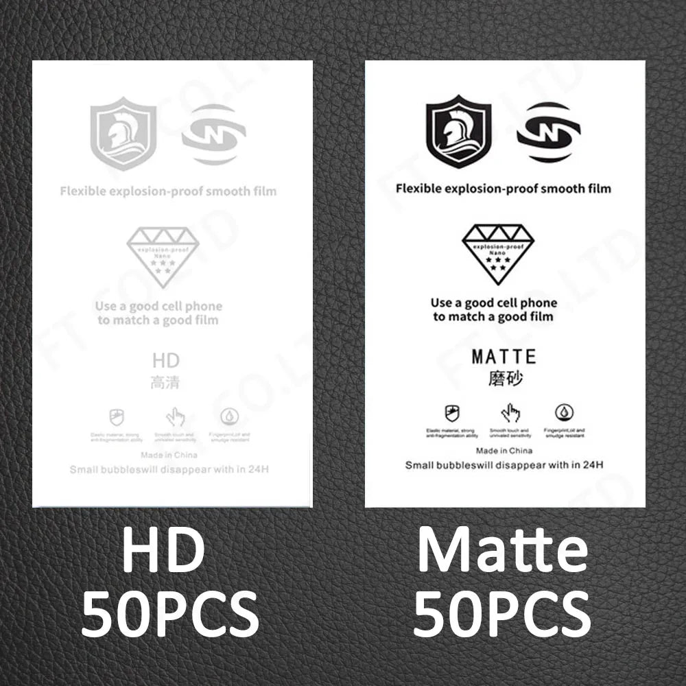 HD privacy and matte hydrogel film sheets, 50-packs shown in separate sleeves