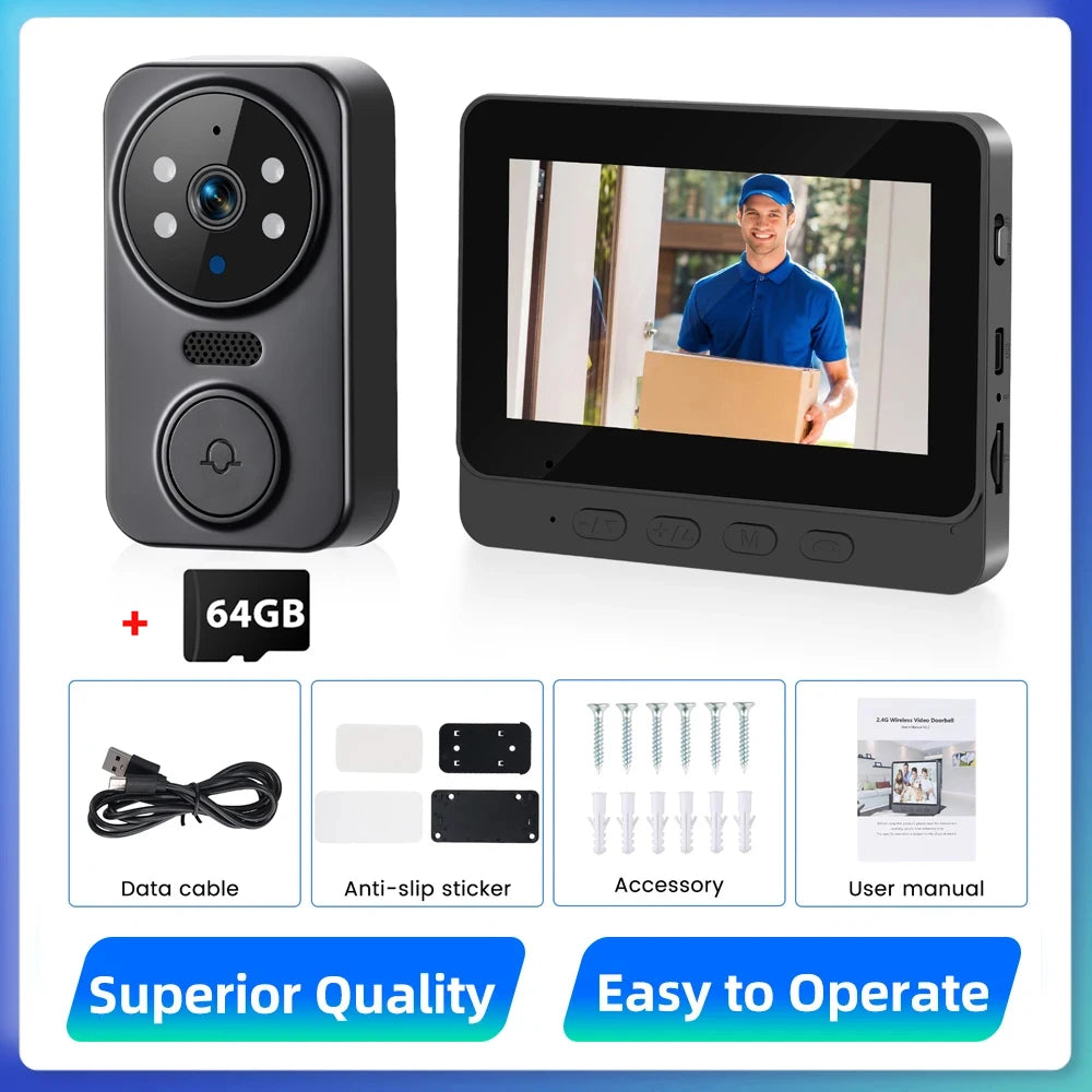 Podofo 4.3inch IPS Screen Wireless Doorbell Night Vision Intercom Video Monitor Video Two-way Intercom Doorbell Ring Door Camera