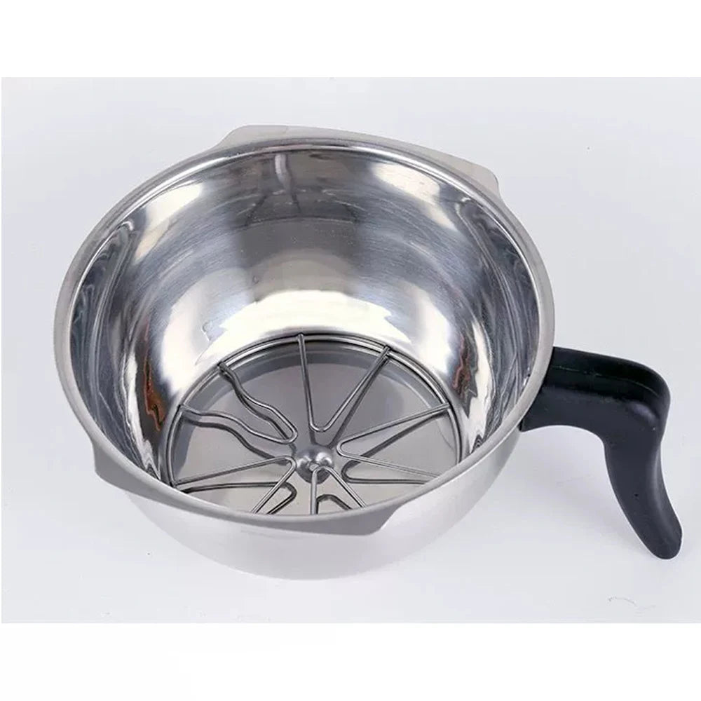 Stainless steel coffee dripper with mesh filter and black side handle for pour-over brewing on white background.