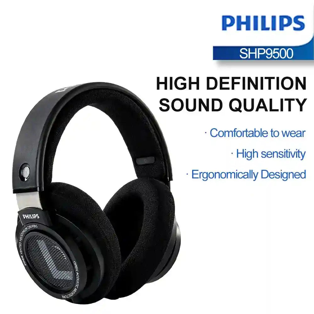 Philips SHP9500 Wired HiFi Headphones - Open Back Over-Ear Stereo Black Tidesmit