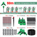 50m sprinkler irrigation kit with 60 drippers, fixed stems, connectors, and 50m hose