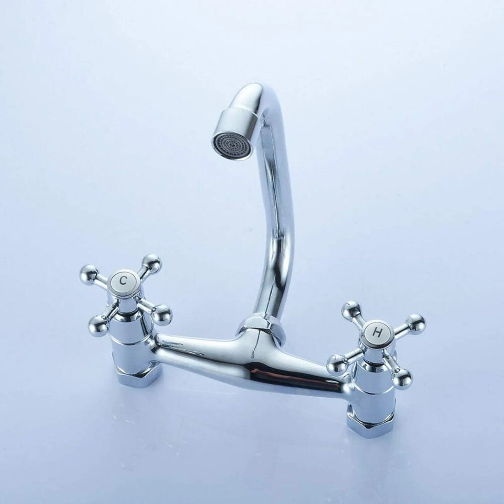 Dual Handle Brass Wall Mount Kitchen Faucet, Rotatable Spout Hot Cold Water Mixer Tap for Kitchen Sink