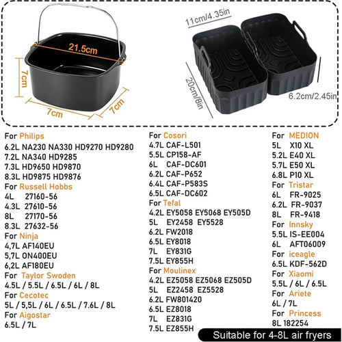 Air fryer silicone basket insert with handles, black, square liner accessory.