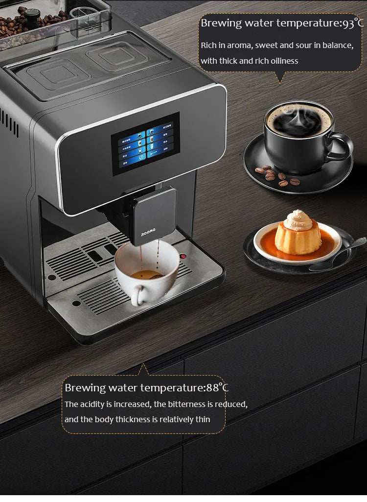 ROORO automatic espresso machine in matte black with digital touch screen, integrated bean hopper, and drip tray.