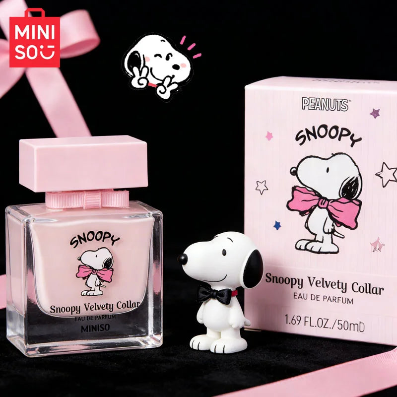 MINISO Snoopy Velvety Collar 50ml EDP: Pink floral women's perfume in a square glass bottle with bow, gift for her.