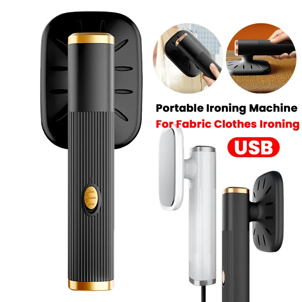 Portable ironing machine for fabric clothes, compact black handheld garment steamer with gold accents for travel.