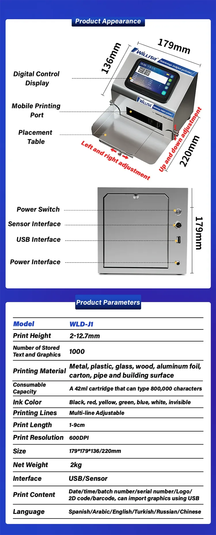 Inkjet printer appearance diagram with touchscreen display, ports, and measurements