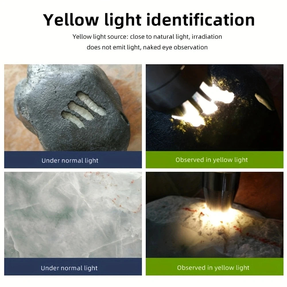 3-in-1 rechargeable yellow and UV flashlight detecting pet stains, jade, and minerals with powerful lighting.