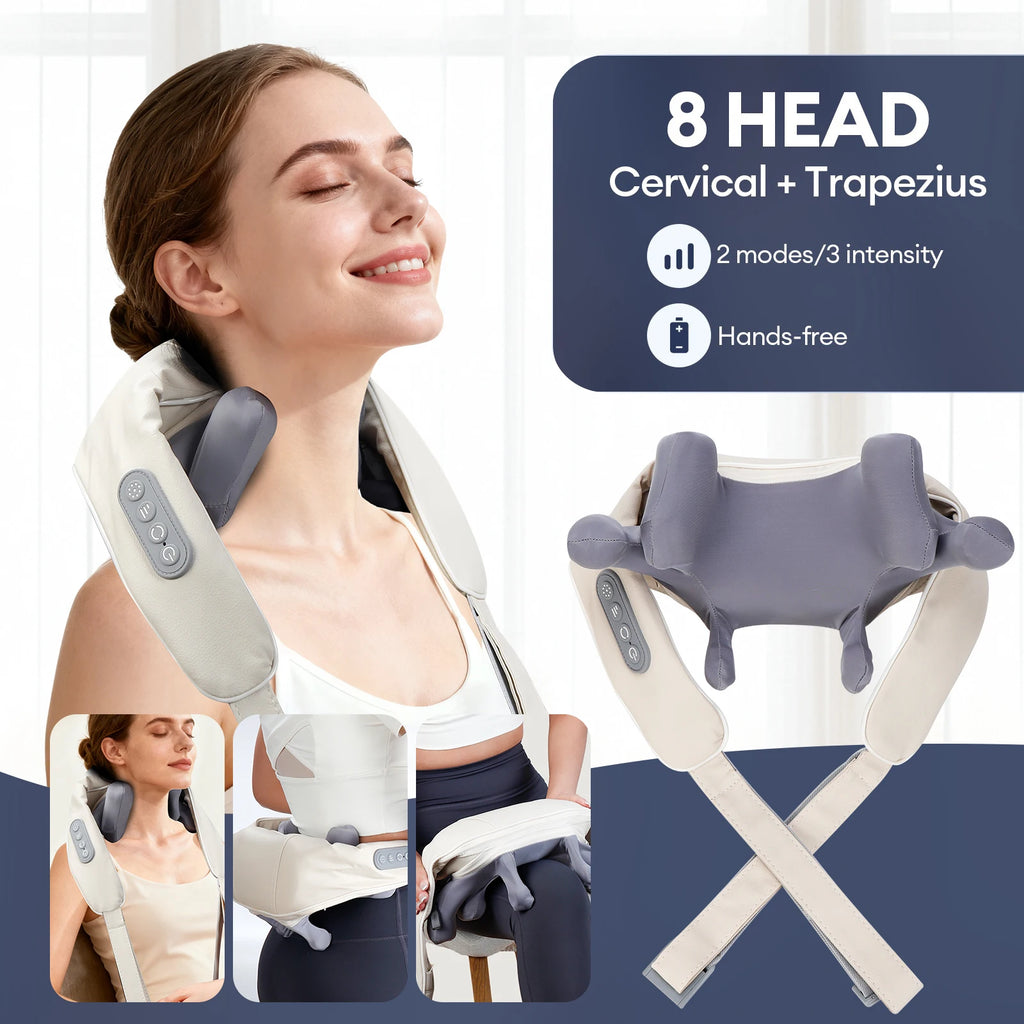 Wireless Neck and Shoulder Massager - 8-Head Deep Tissue Shiatsu Back Massage Instrument Tidesmit