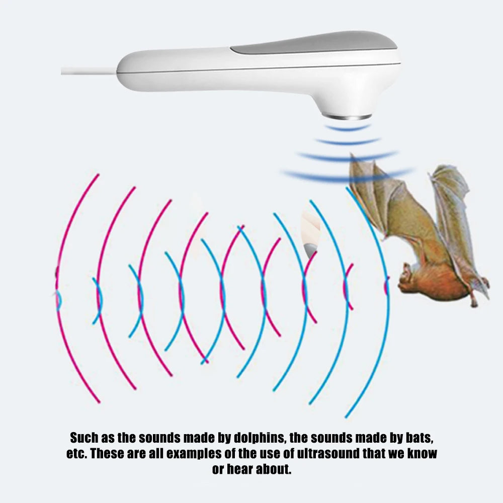 Handheld 1MHz ultrasound physiotherapy device for home pain relief, showing ultrasonic wave emission visual.