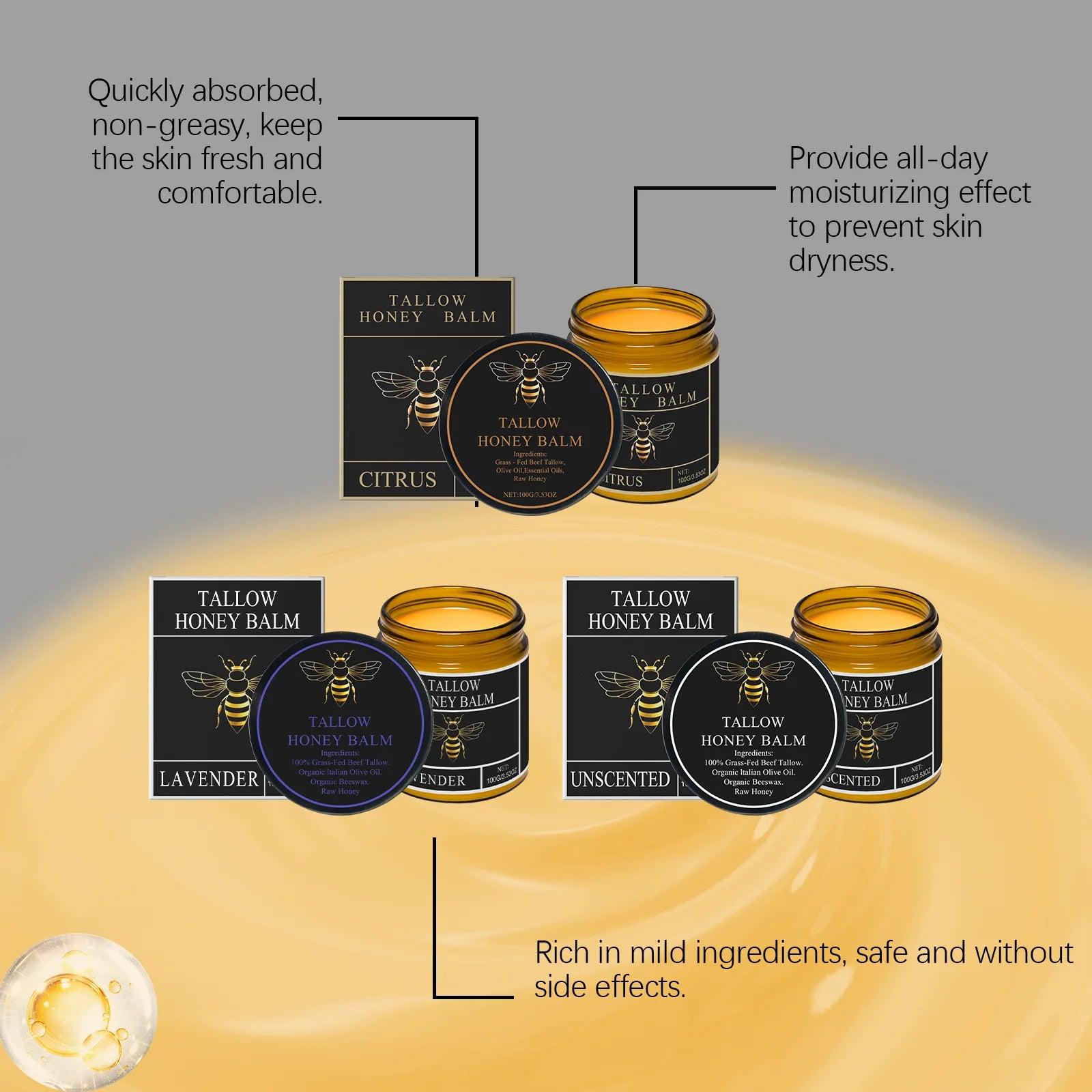 Tallow and Honey Balm Long Lasting Moisturizing Skin Firming Deep Nourishing Non-greasy Tallow Honey Balm for Dark Spots Removal