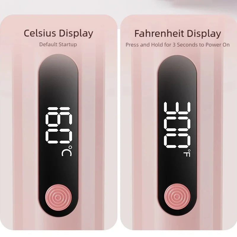 TINSOL pink hot air brush with digital LED display showing Celsius and Fahrenheit temperature settings for hair styling.