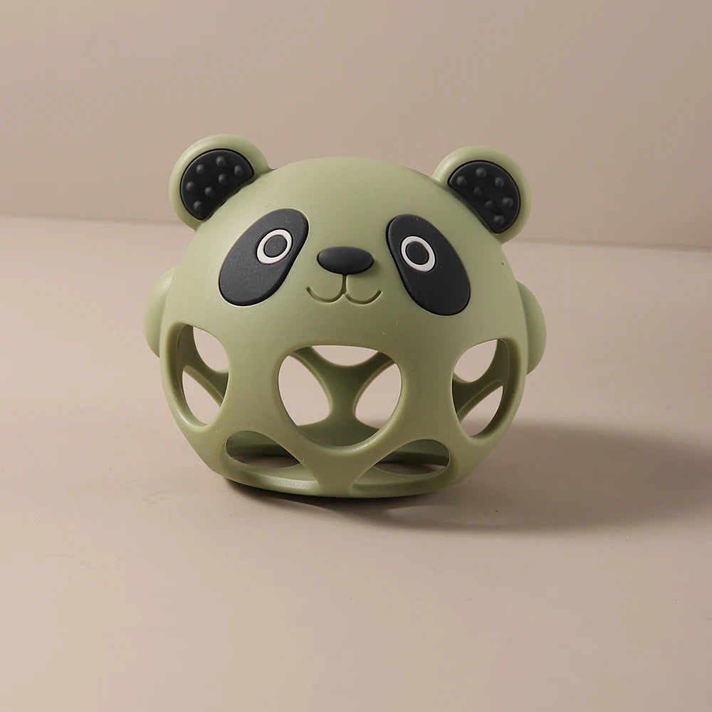 Green silicone panda baby teething toy for soothing relief.