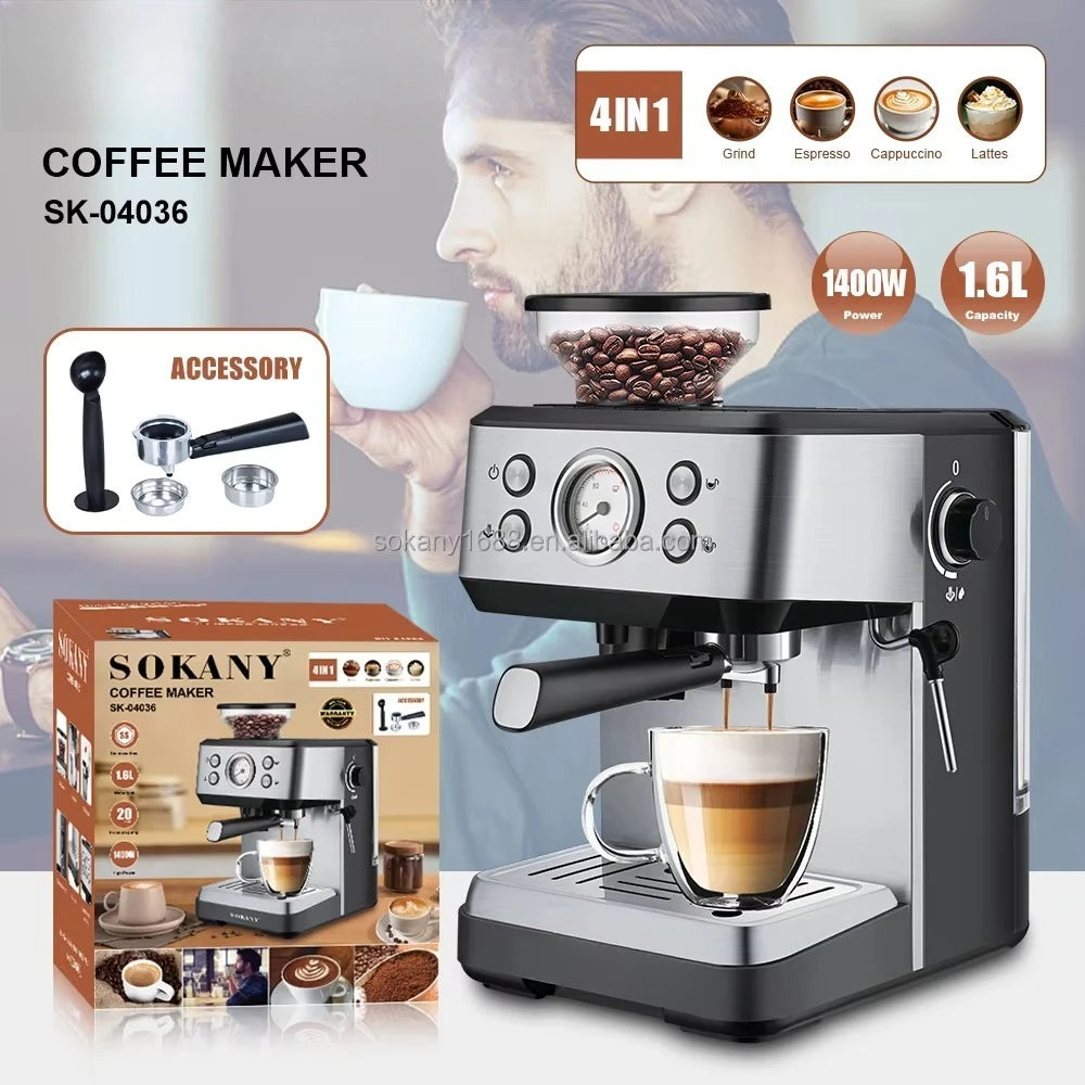Sokany 4-in-1 espresso coffee maker, 1400W, 1.6L capacity, stainless steel finish with built-in grinder and accessories.