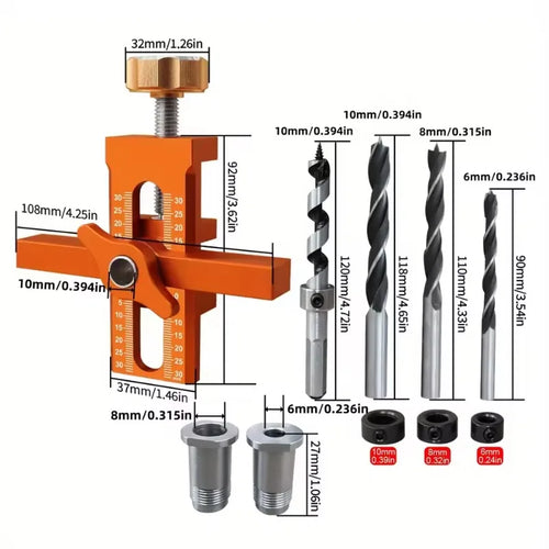 Orange aluminum cabinet door installation positioner jig with threaded knob and scale
