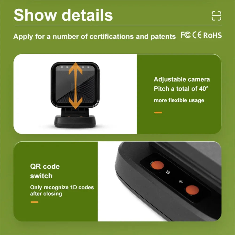 2D Barcode Scanner Gobal exposure Desktop Flat Hands-free High-performance Scanning Platform 1D 2D QR code Reader for Retail Pay