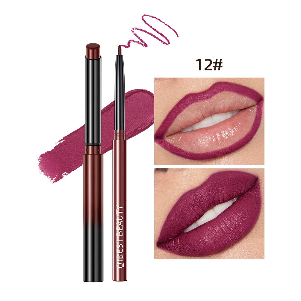 QIBEST 2pc waterproof matte lipstick and lip liner set in deep berry shade 12#, featuring swatch and lip application.