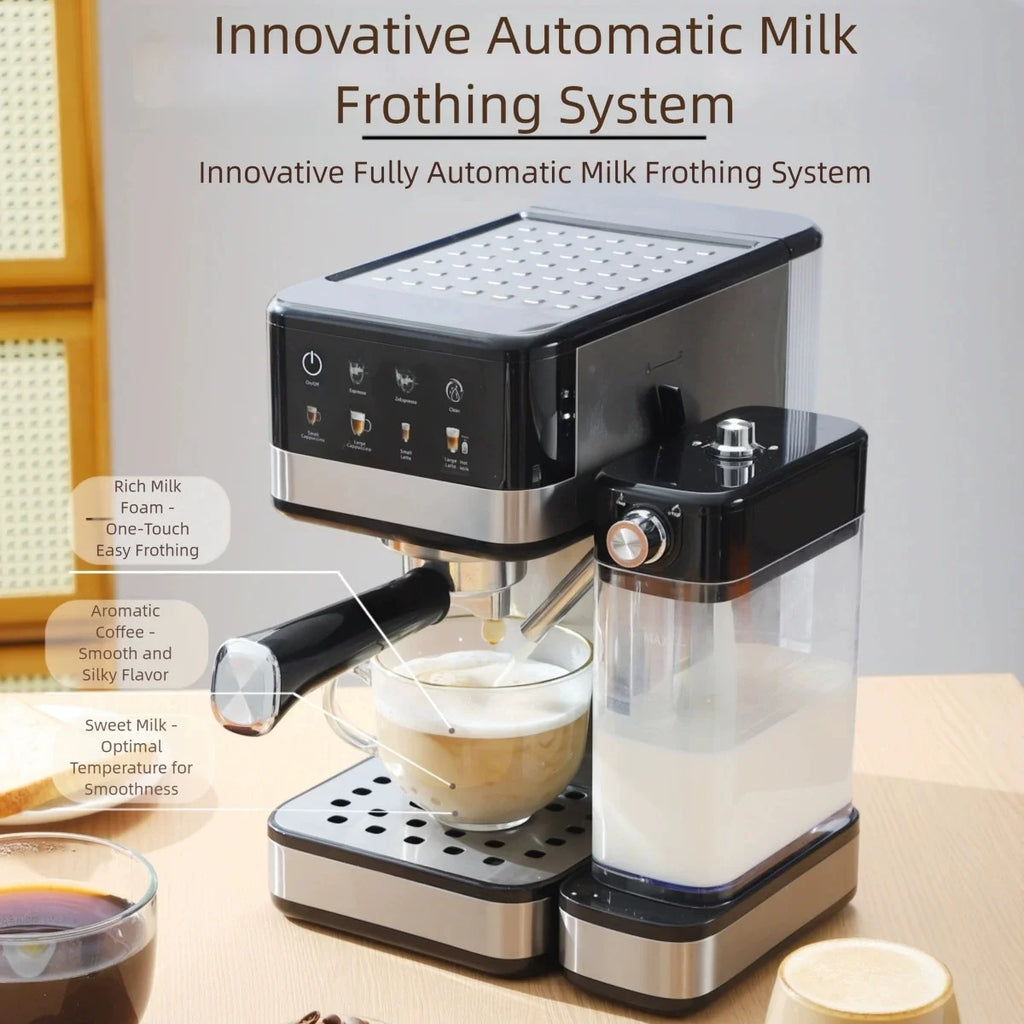 Black and silver automatic espresso machine with integrated milk frother tank for one-touch cappuccino and lattes.