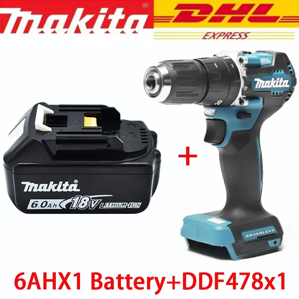 Makita DDF487 Cordless Drill Driver 18V Brushless Power Tool with BL1860 6.0Ah Lithium Battery Compact High-Torque Screwdriver for Wood Metal Home Repair Furniture Assembly Professional DIY Use Fast Charging Compatible Heavy