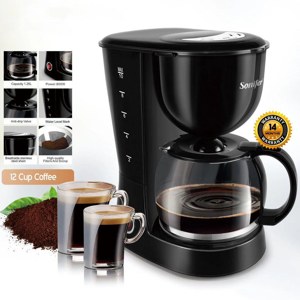 Sonifer 1.25L black drip coffee maker with glass carafe, 800W power, and 10-12 cup capacity for home brewing.