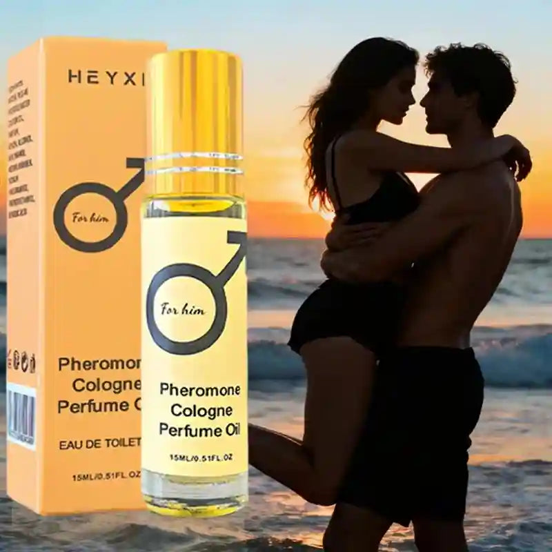 Heyxi Pheromone Cologne Perfume Oil for men. 15ml roll-on travel bottle, romantic long-lasting EDT, golden packaging.